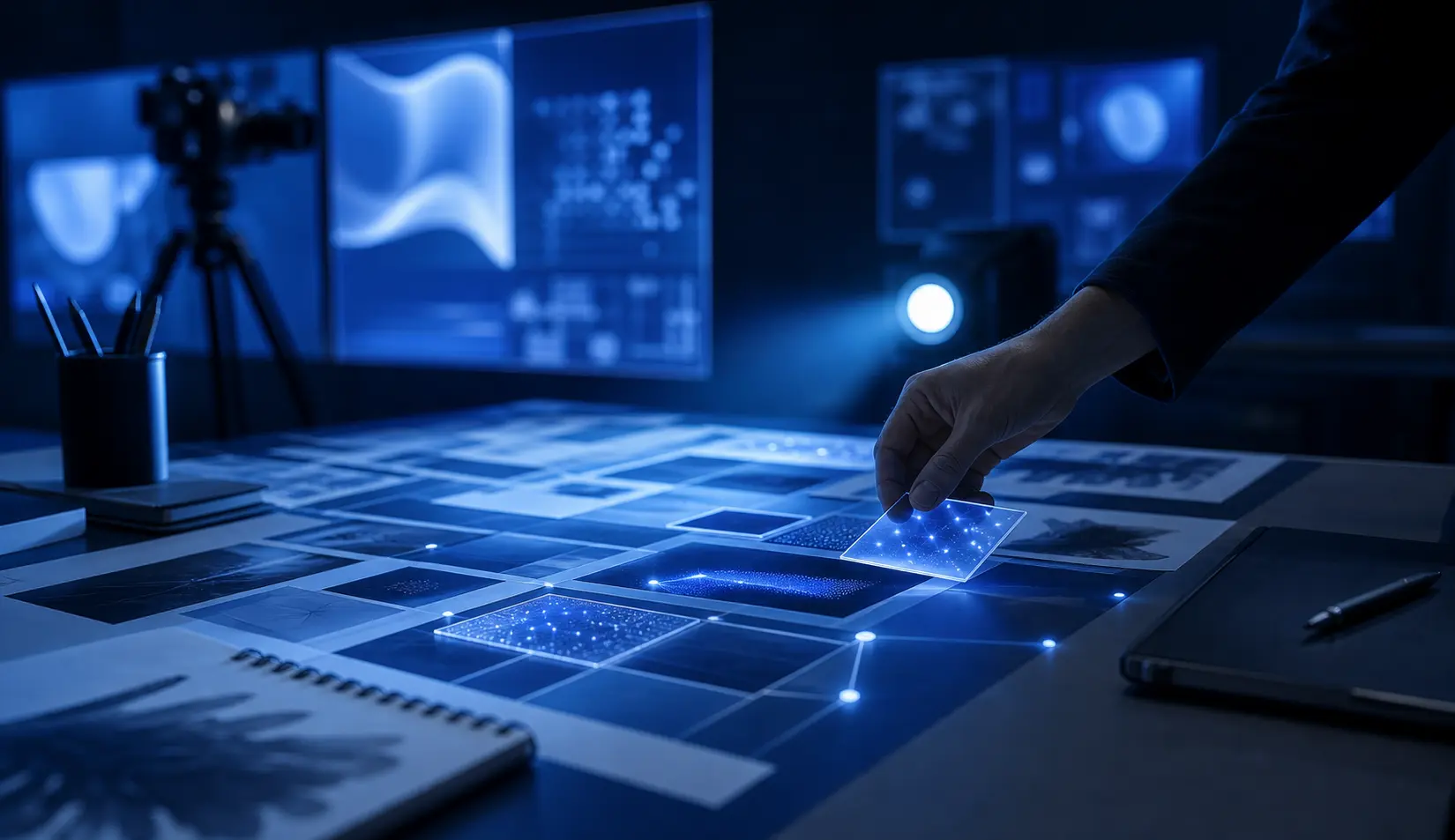 Isometric studio campus — code, data and audio panels floating above glass-walled workspaces