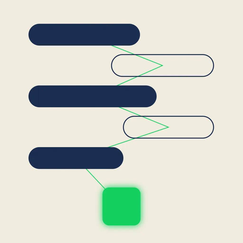 Navy conversation ribbons descending left and right, tied by a single emerald thread to a filled emerald square at the bottom