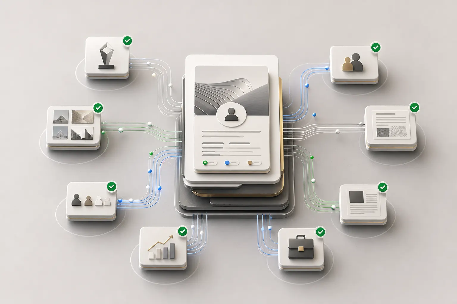 Document cards stacked layer by layer with module badges linked to them — a structure built from parts