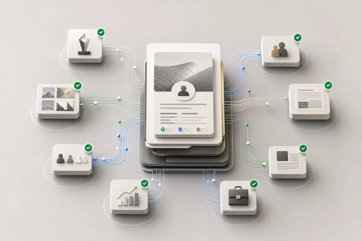 Document cards stacked layer by layer with module badges linked to them — a structure built from parts
