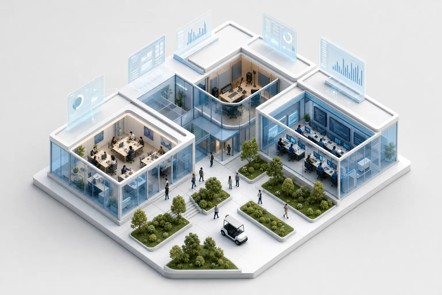 Isometric studio campus with code, data and design panels — the design and software era