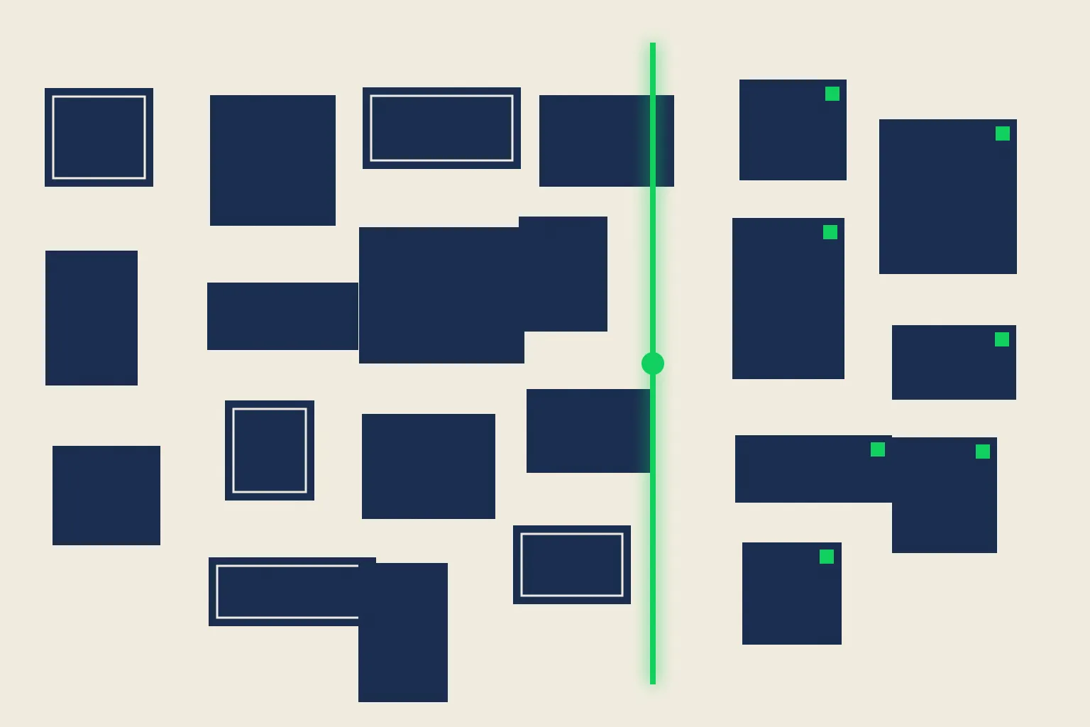 A band of navy content blocks each receiving a small emerald stamp as they cross a vertical emerald threshold line