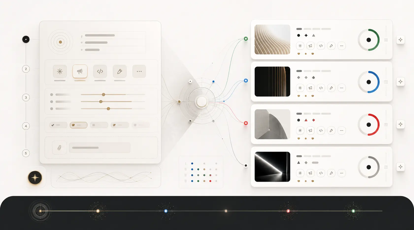 A fine-lined flow composition in cream tones branching into project cards, with a dark timeline below