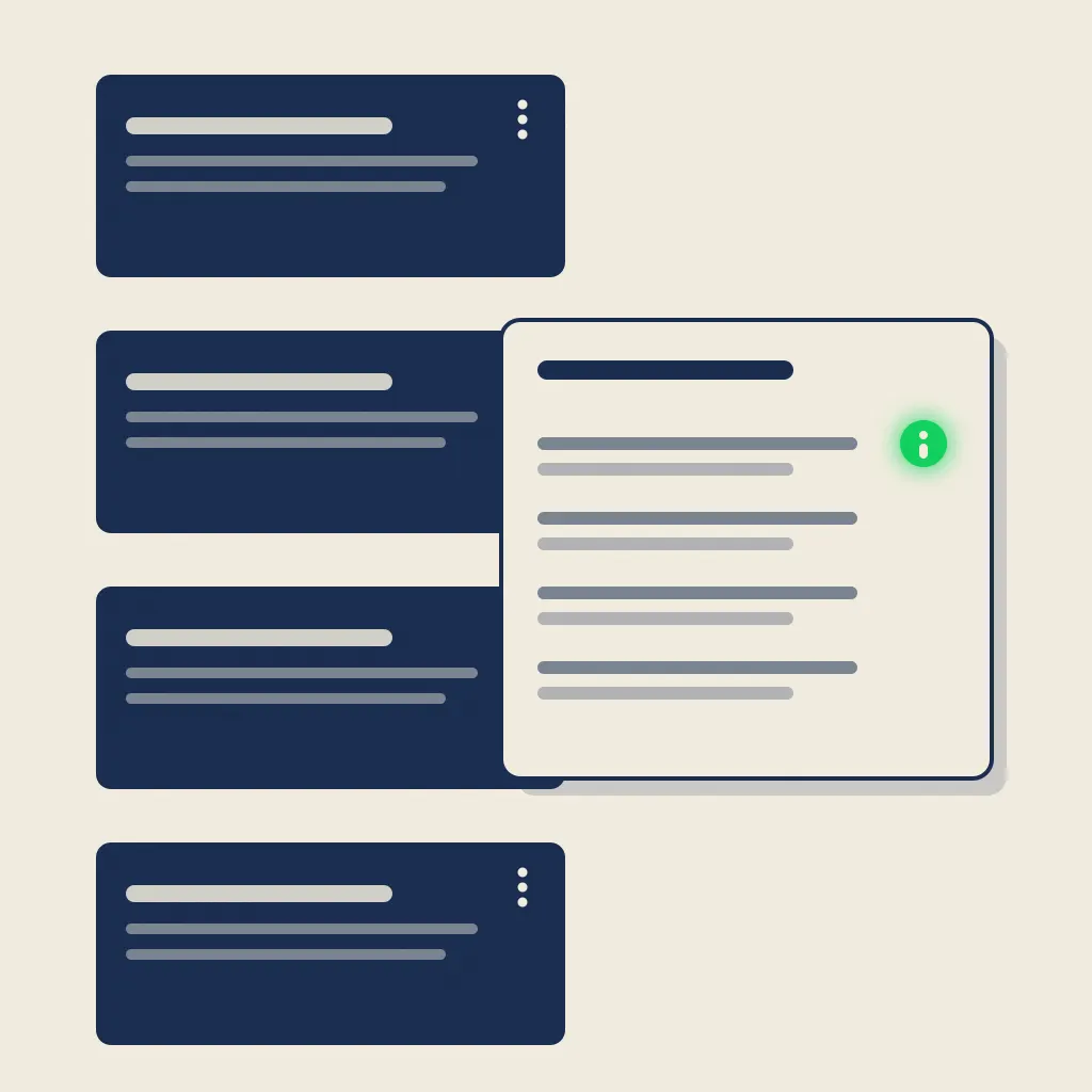 Stacked navy ad cards; in an opened panel, a small emerald info badge pinned beside the rows