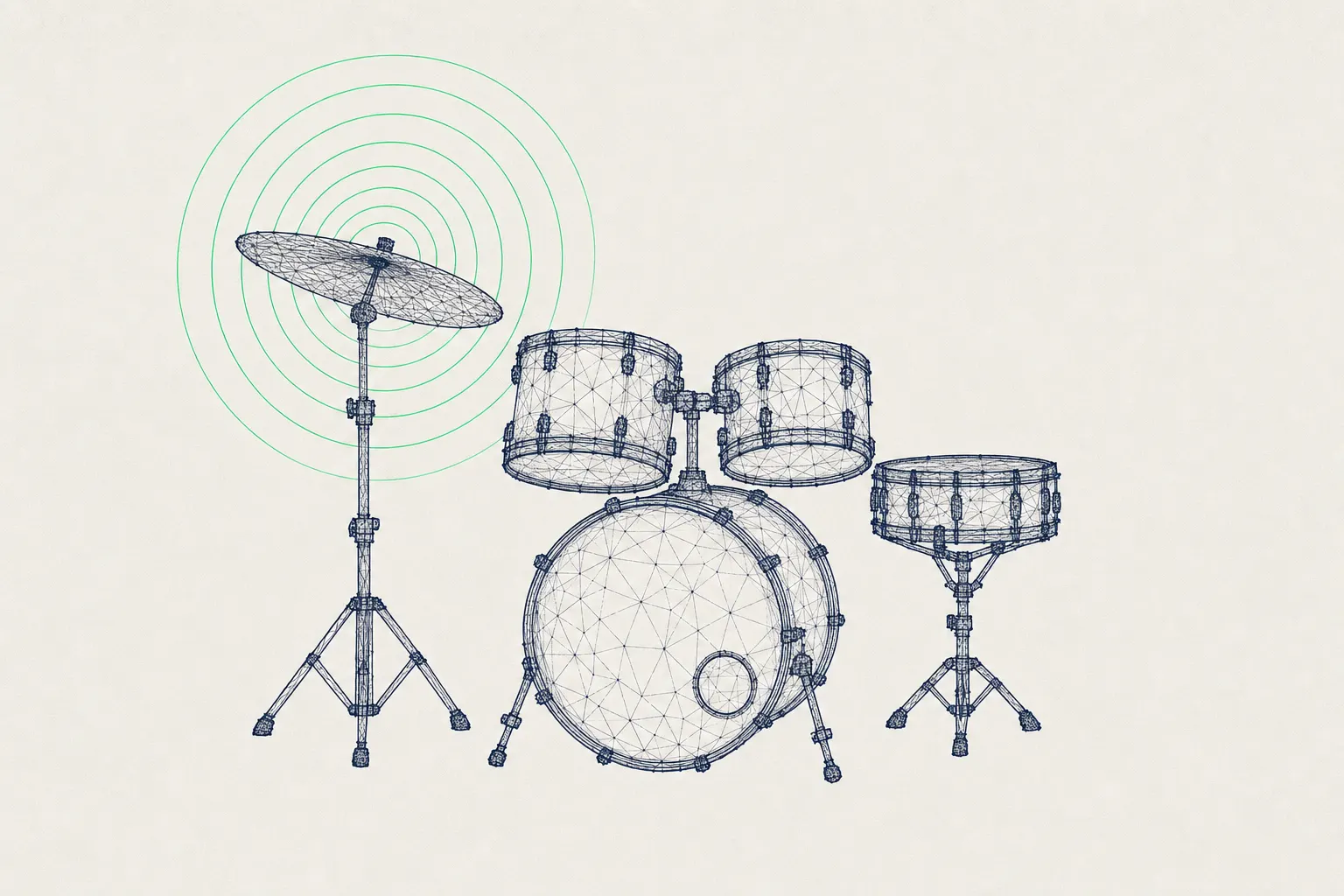 Navy wireframe drum kit on a paper-textured ground; green sound rings ripple out from the cymbal.