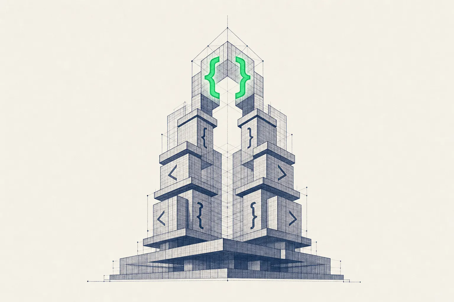 Wireframe tower built from code blocks, crowned by a pair of glowing green curly braces.