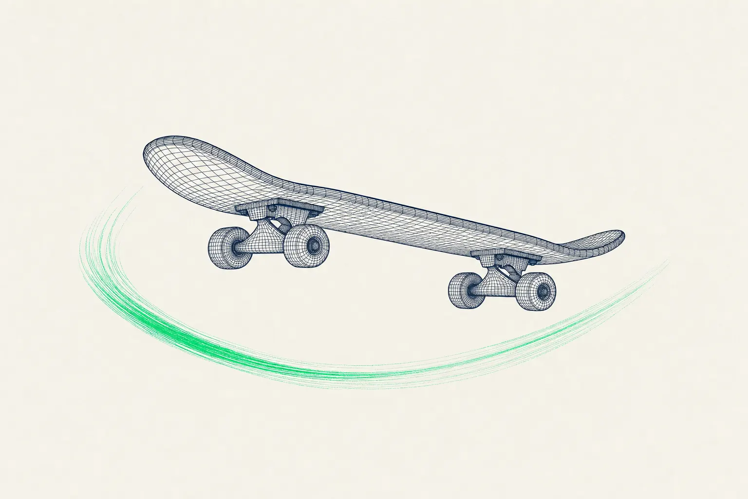 Wireframe skateboard gliding mid-air, a green speed trail curving beneath it.