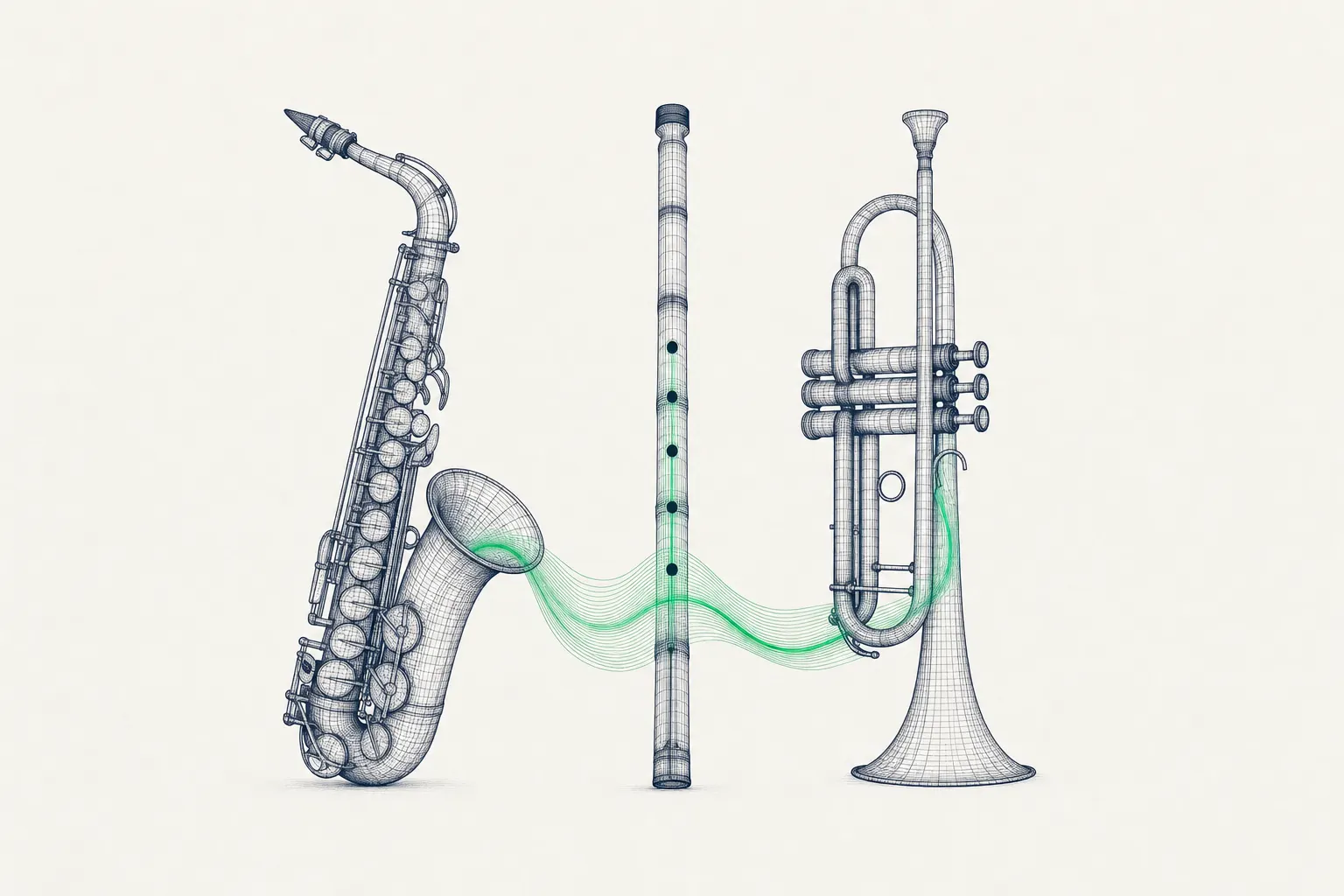 Wireframe drawing of a saxophone, a ney and a trumpet side by side, joined by a flowing green breath wave.