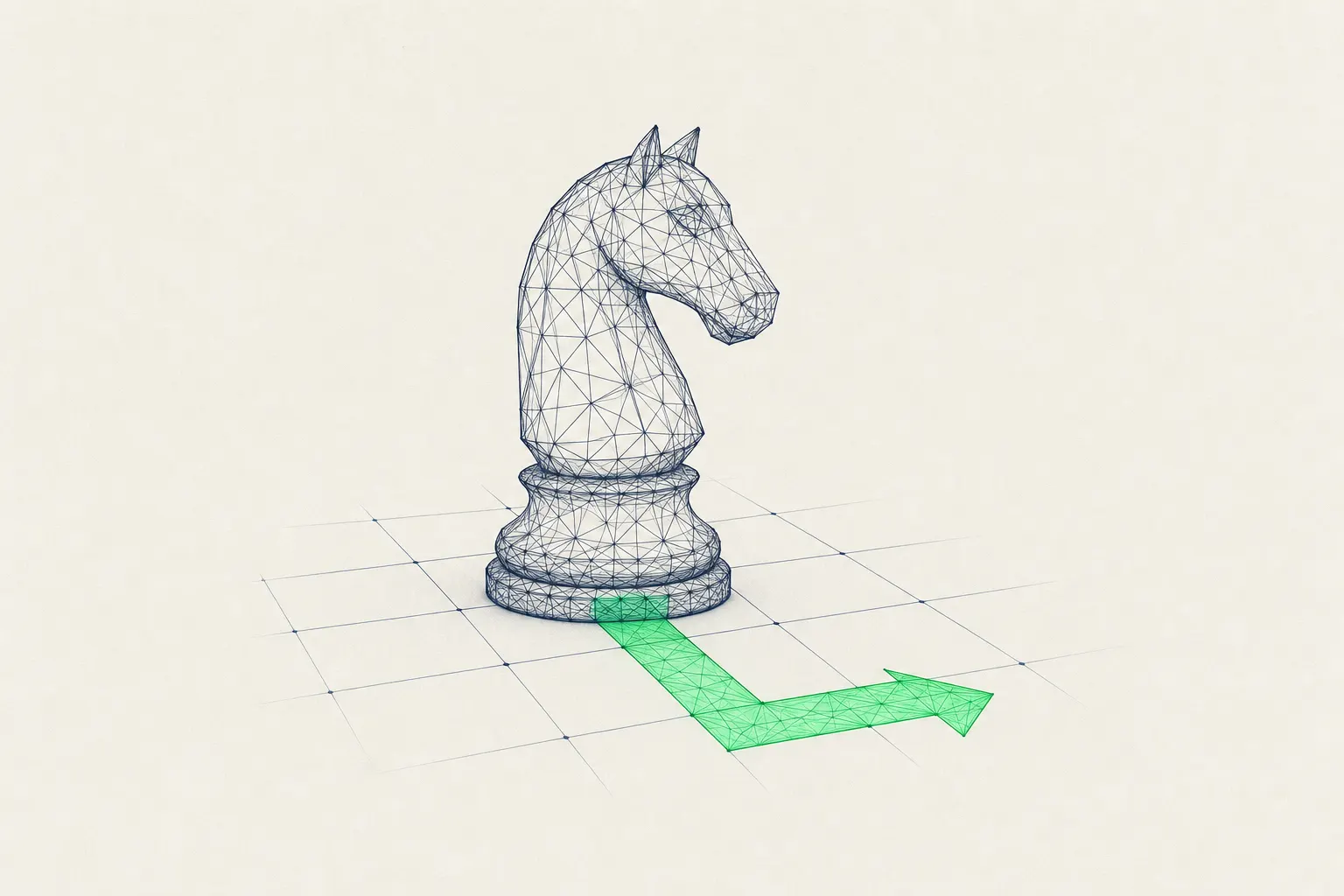 Wireframe chess knight on a board, its L-shaped move marked by a green arrow.