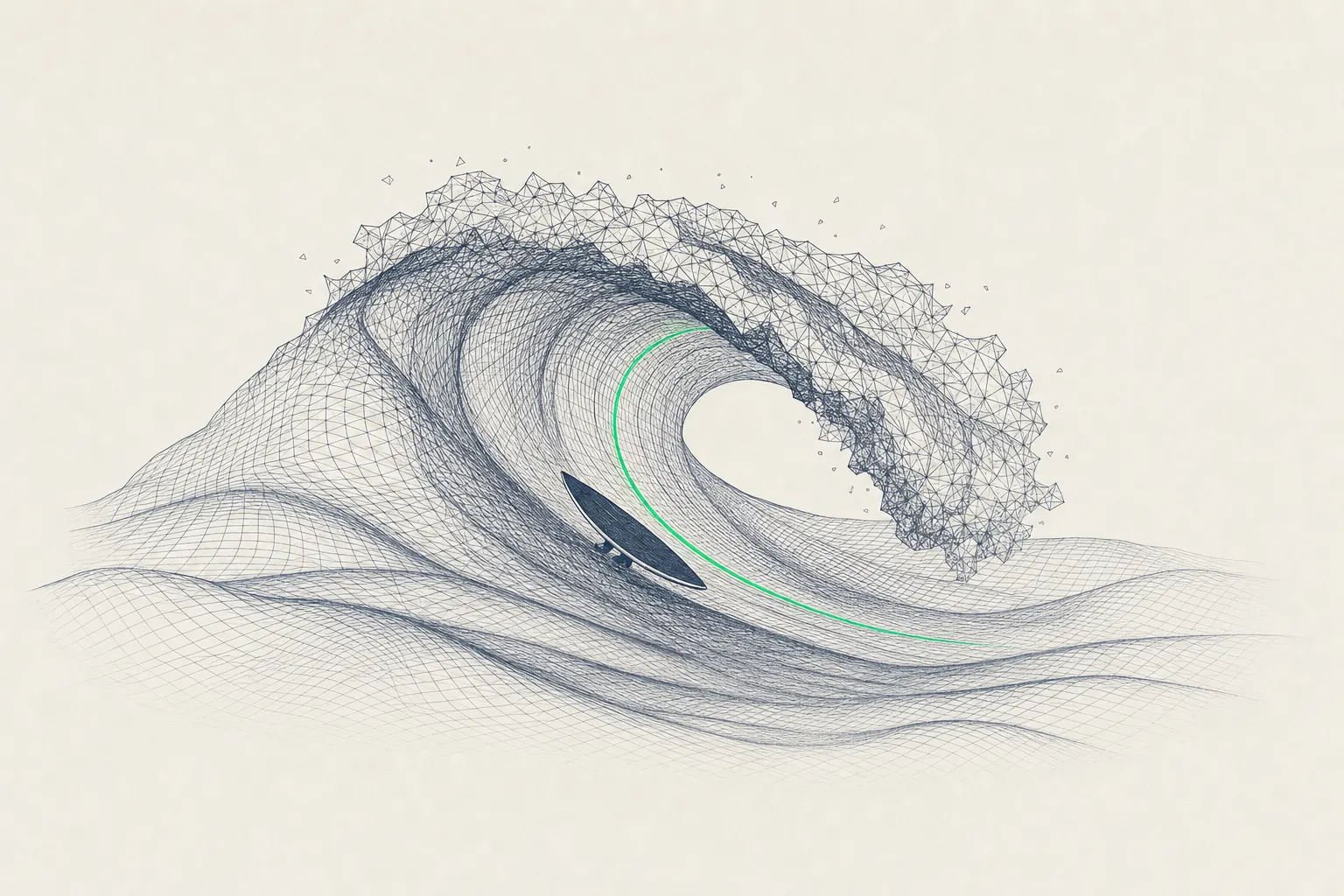 A giant curling wireframe wave; inside it, a surfboard traces its line in green.