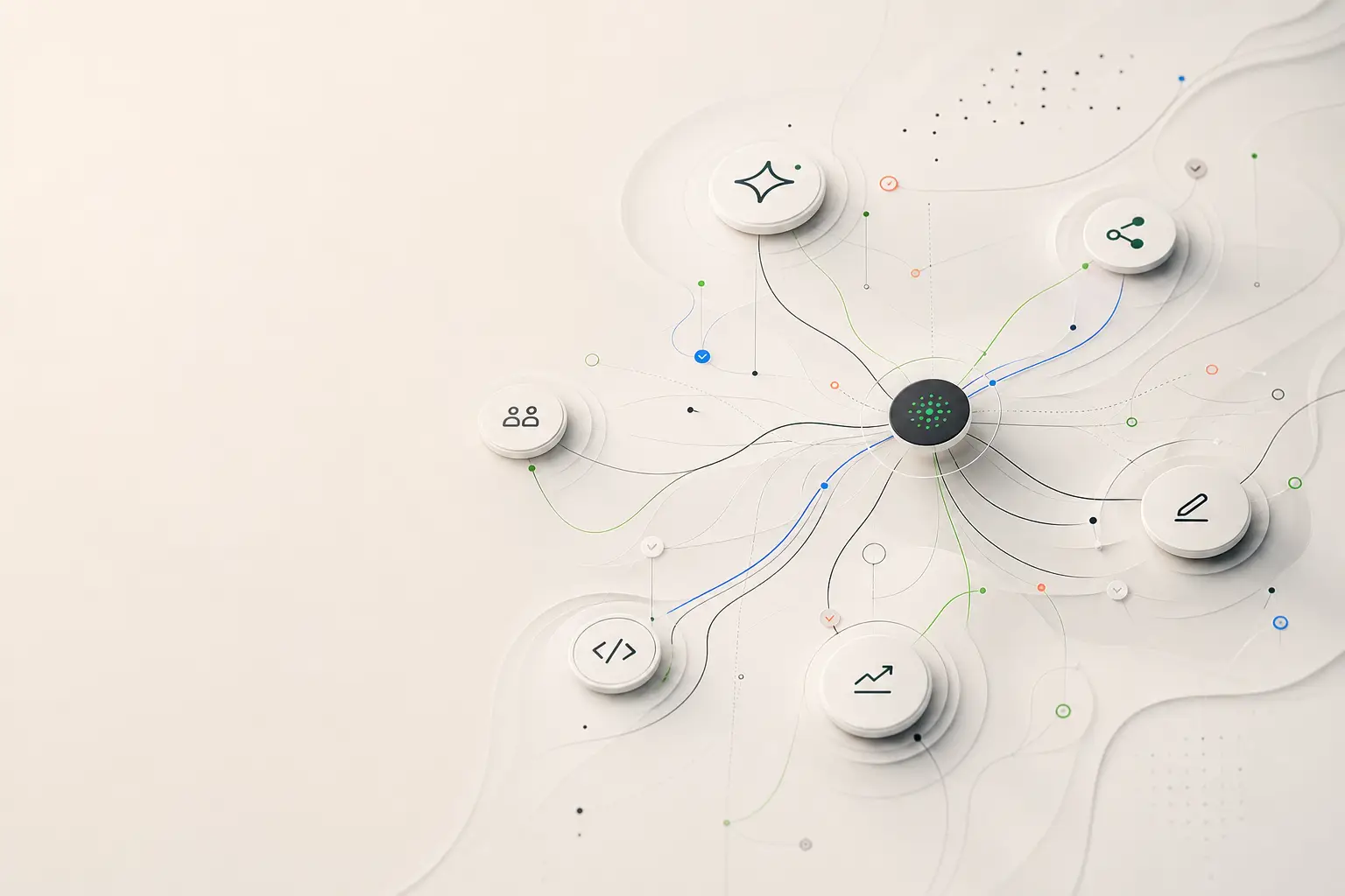 Three-dimensional network diagram on a cream background, spreading from a central node to icon badges