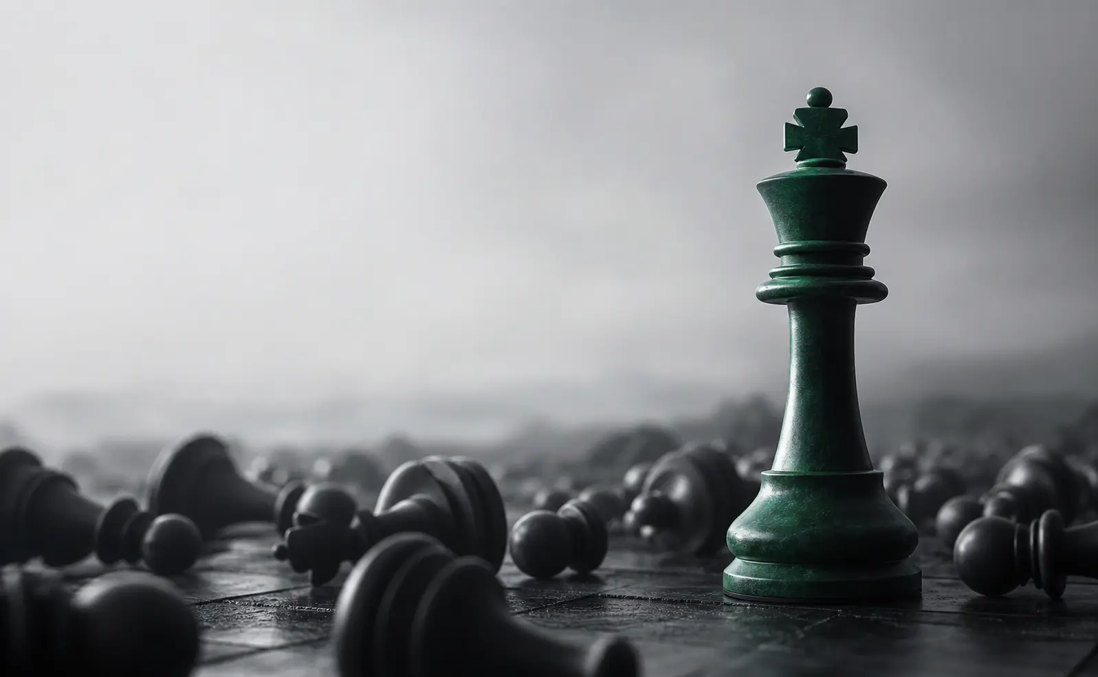 An emerald-green king standing among toppled black pawns — strategy as elimination