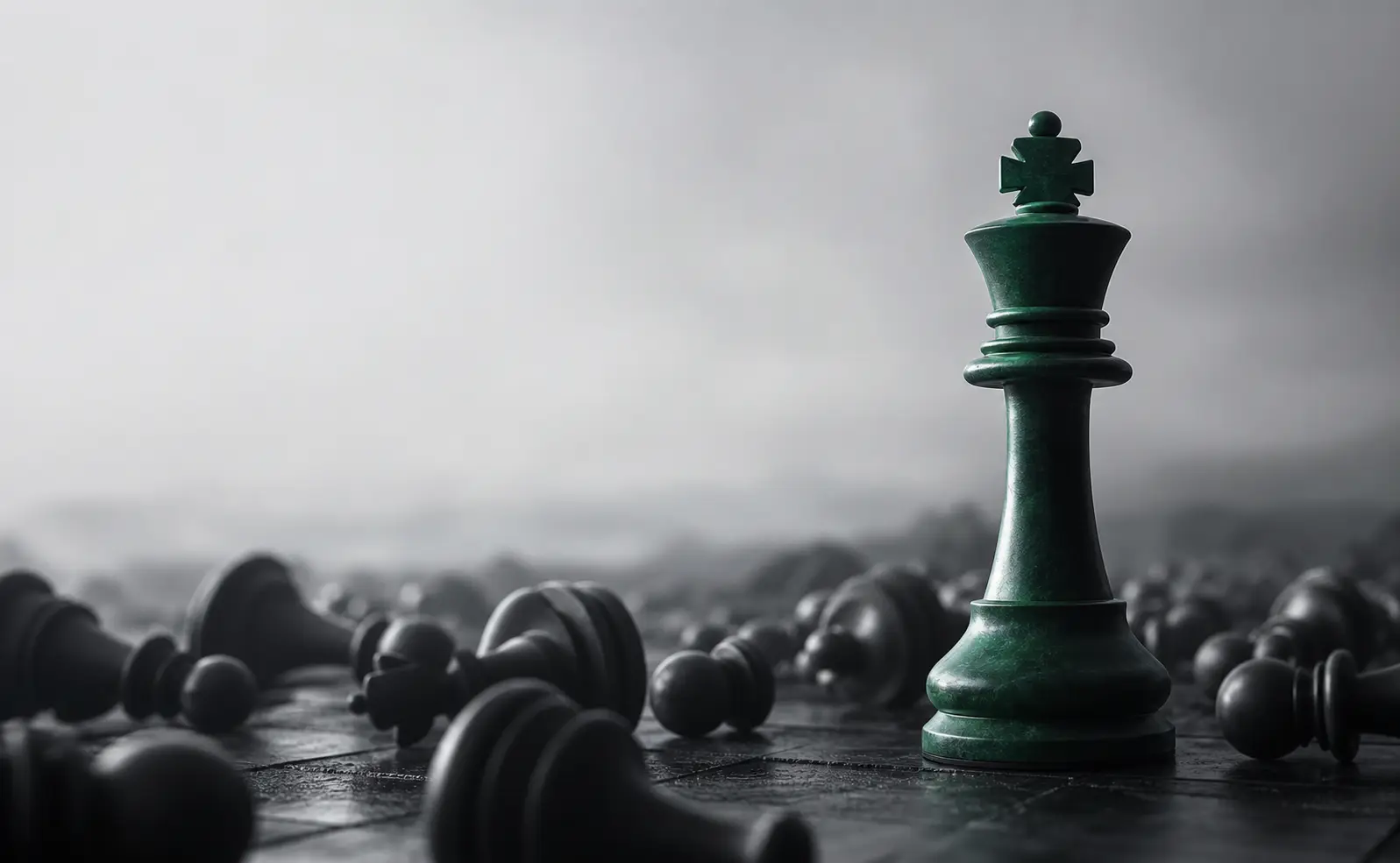 An emerald-green king standing among toppled black pawns — strategy as elimination