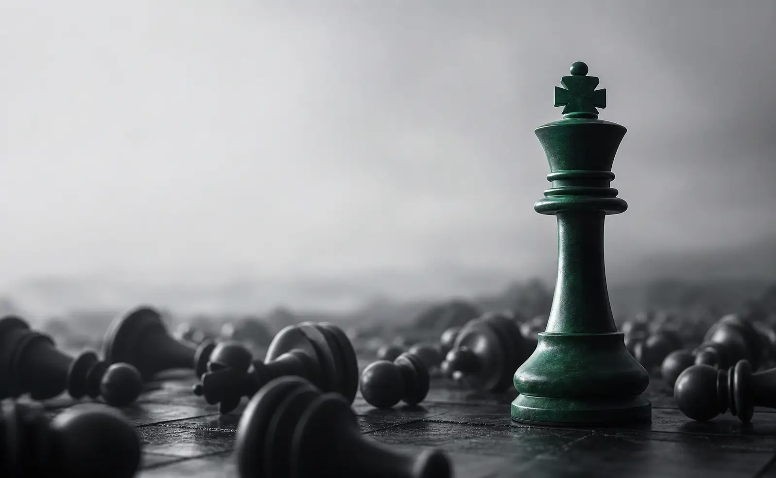 An emerald-green king standing among toppled black pawns — strategy as elimination