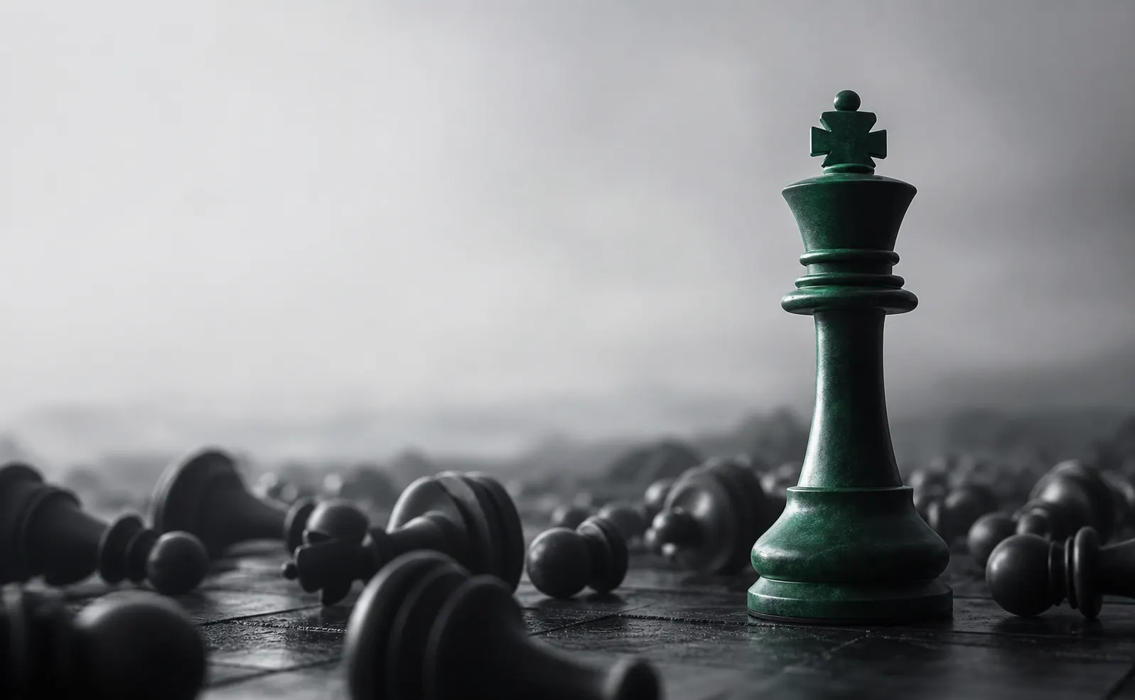 An emerald-green king standing among toppled black pawns — strategy as elimination
