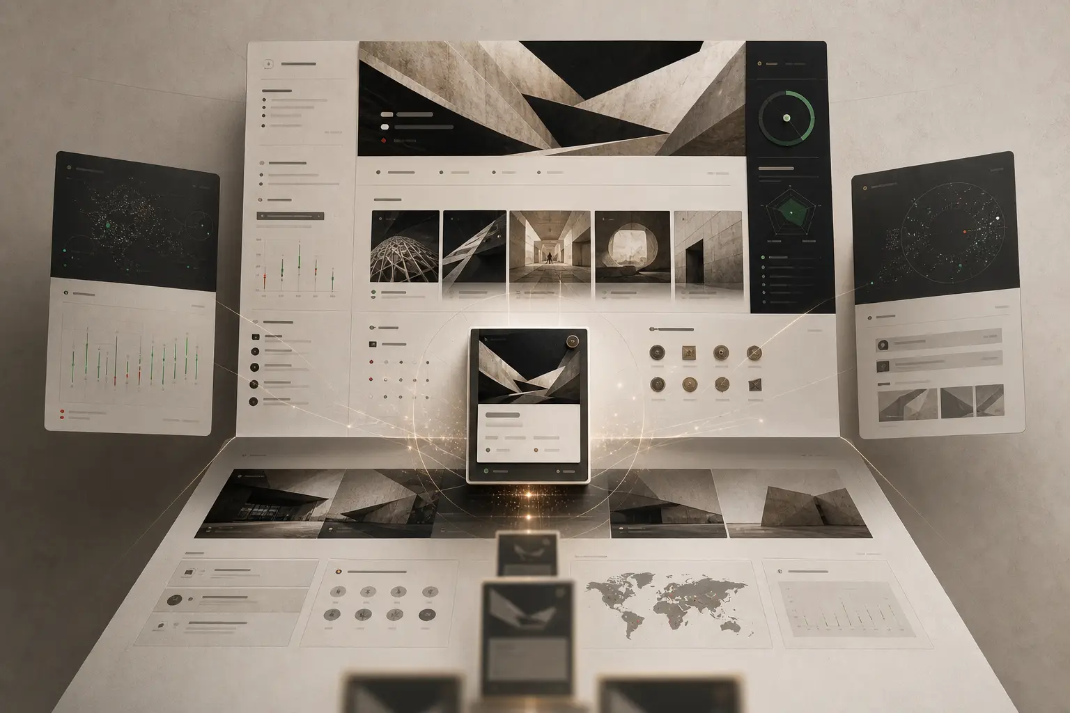 Overhead sepia system desk; boards, charts, and a world map