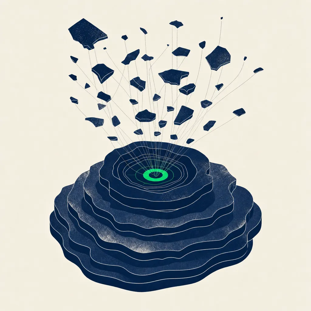 Fragments absorbed into stacked memory strata with an emerald identity ring glowing at the core