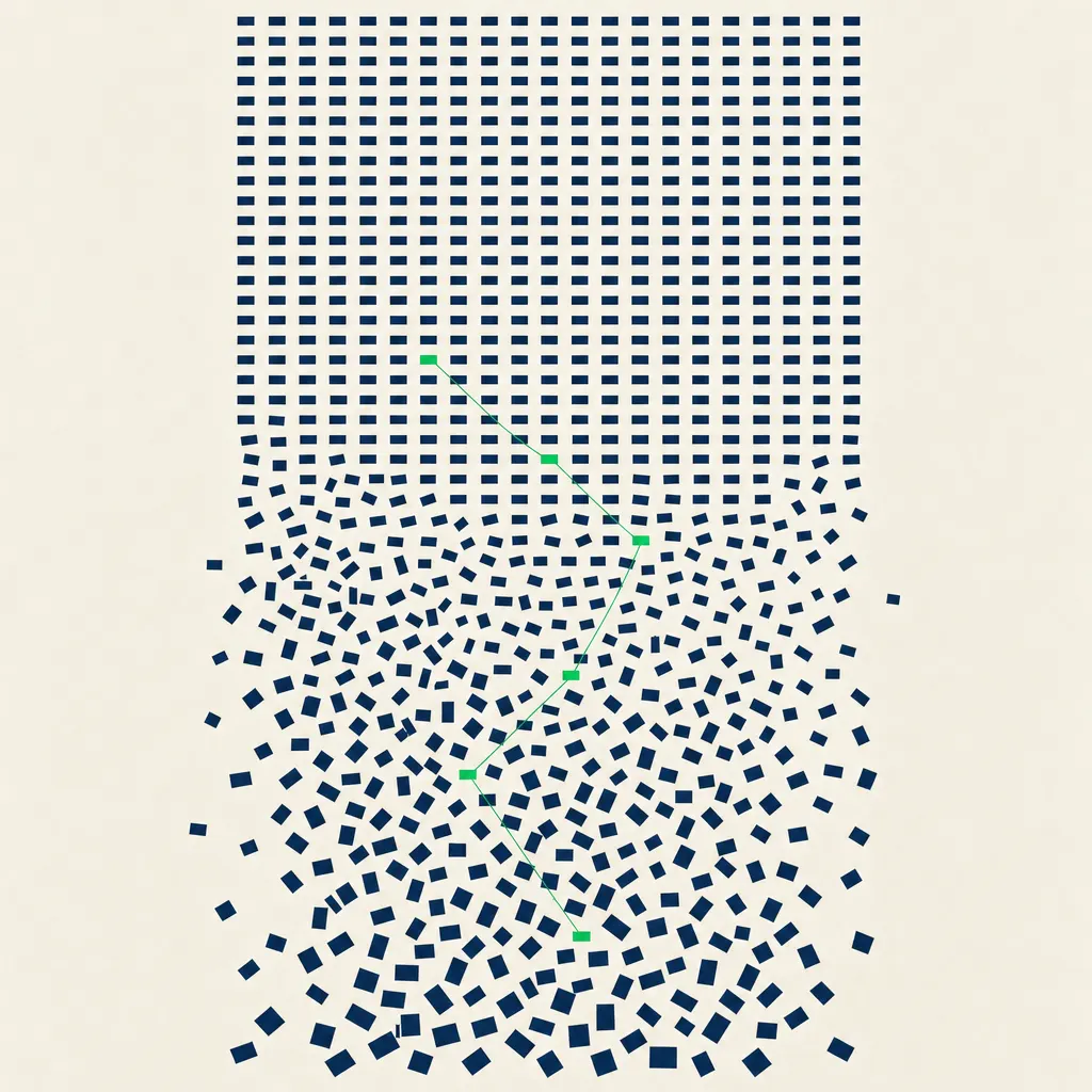 A cascade of thousands of tiny creative tiles dissolving into turbulence, with a few level emerald control points