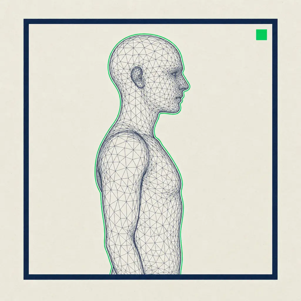 A synthetic human silhouette built from wireframe mesh, marked by a continuous emerald disclosure outline