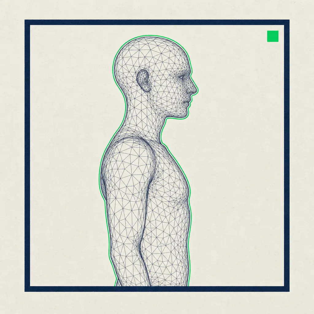 A synthetic human silhouette built from wireframe mesh, marked by a continuous emerald disclosure outline