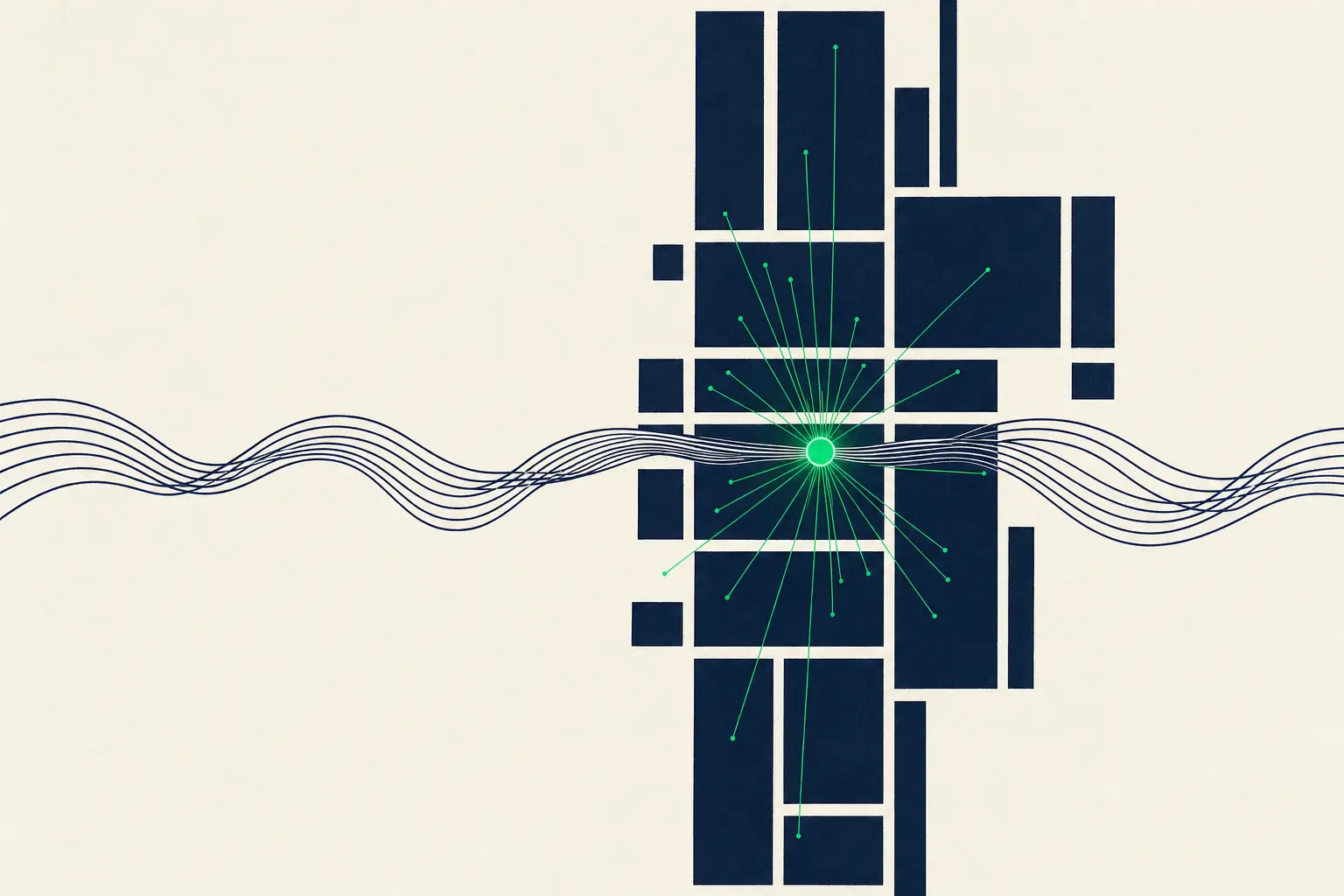 An emerald signal node igniting where thin navy conversation ribbons cross a marketplace grid