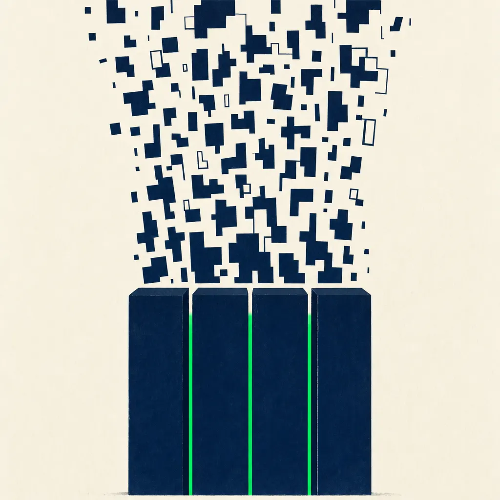 A vertical composition of scattered blocks resolving into four monolithic columns joined by an emerald seam of light